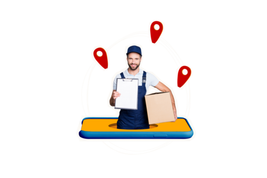 Exclusive magazine picture sketch collage image of smiling courier delivering online orders isolated yellow color background