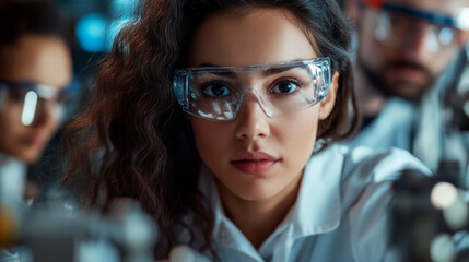 A female mechanical engineer leading a project team, explaining the technical details of a new machine prototype.