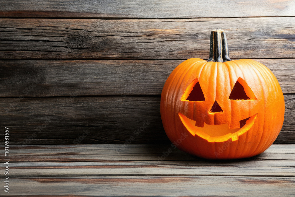 Wall mural A carved pumpkin with a smiley face on it sits on a wooden table. The pumpkin is orange and has a hole in the middle, which is likely where the stem was removed. Concept of warmth and festivity