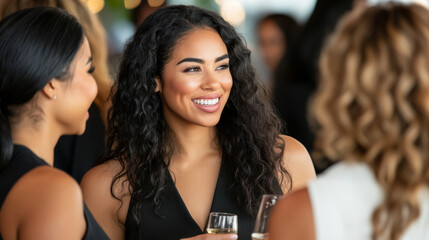 Obraz premium A group of professional women in formal attire networking at a corporate event, making connections and discussing future business ventures.