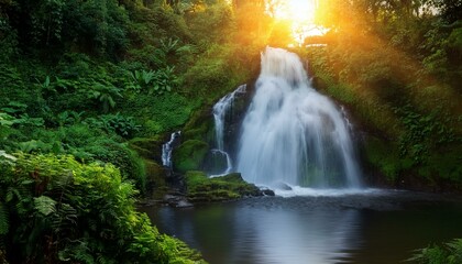  calm waterfall surrounded by lush green vegetation, bathed in golden sunset light. Soft mist rises gently from the water. Calming Rhythms