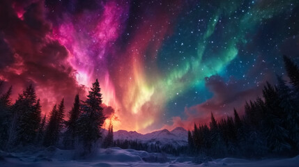 Fototapeta premium A dynamic time-lapse of the aurora fading in and out over a remote, snow-covered forest, captured from dusk to dawn.