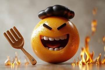 Laughing Orange with Fork and Fire