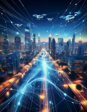 Conexiones 5G: Una ciudad inteligente iluminada de noche con drones volando y coches aut&oacute;nomos en las calles.