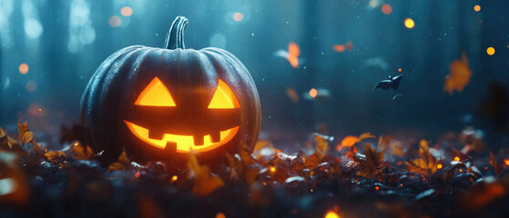 Fototapeta premium A pumpkin with a smiley face on it is sitting on a pile of leaves. The leaves are orange and scattered around the pumpkin. Scene is festive and playful, as the pumpkin is decorated with a smiley face