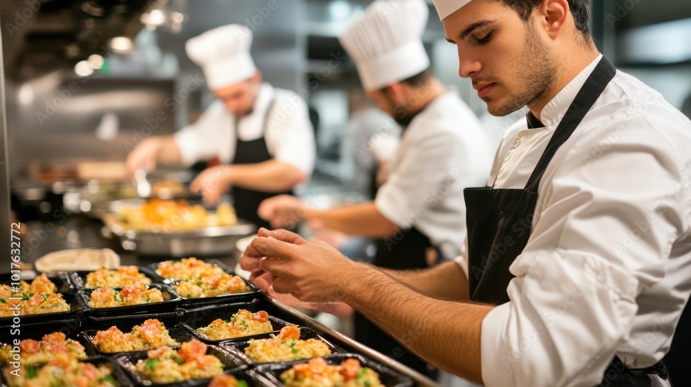 Wall mural a small business catering company preparing food for an event, chefs working in a commercial kitchen