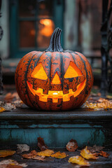 Obraz premium A pumpkin with a smiley face on it is sitting on a ledge. The pumpkin is orange and has a light inside of it. Scene is cheerful and festive, as it is a representation of Halloween
