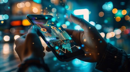 Digital Currency Revolution Hands Holding Smartphone with Holographic 3D Chart