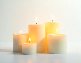 Several white candles of varying sizes lit against a plain background
