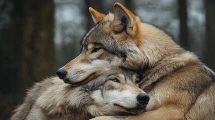 Fototapeta premium A pair of wolves resting, one draping its head over the other’s back, showing comfort and closeness