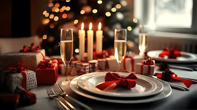 Fine Christmas table with white plates silverware red ribbon cutlery decor and five candles, festive meal setting, Christmas table, candlelight dinner