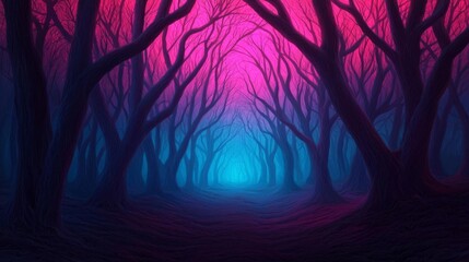 Obraz premium Mystical forest with vibrant pink and blue hues, creating an enchanting atmosphere.