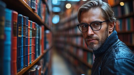 A man in glasses stands in a library surrounded by books, deep in thought.
