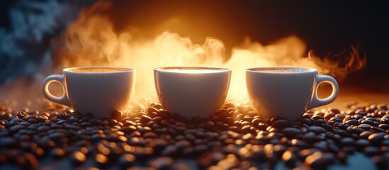 Three steaming cups of coffee on a bed of coffee beans, lit by warm light.
