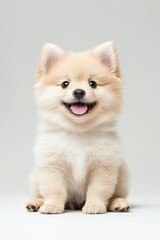 A baby Pomeranian, isolate on white background, with soft, fluffy fur and an adorable expression.