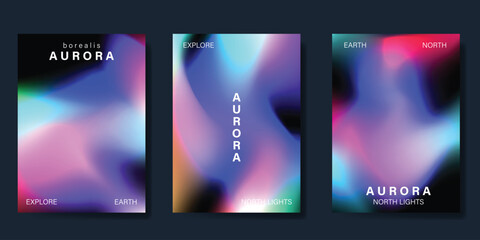 Modern gradient poster aurora design vector set. Minimalist cover template with vibrant northern light collection. Ideal design for background, social media, cover, banner, flyer, ads.