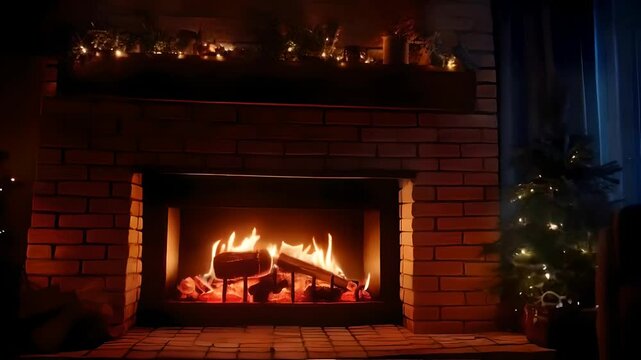 Front view of a large brick fireplace close up of hearth glowing with warmth detailed cozy night interior winter night fire, warm hearth, large brick fireplace, night interior fire