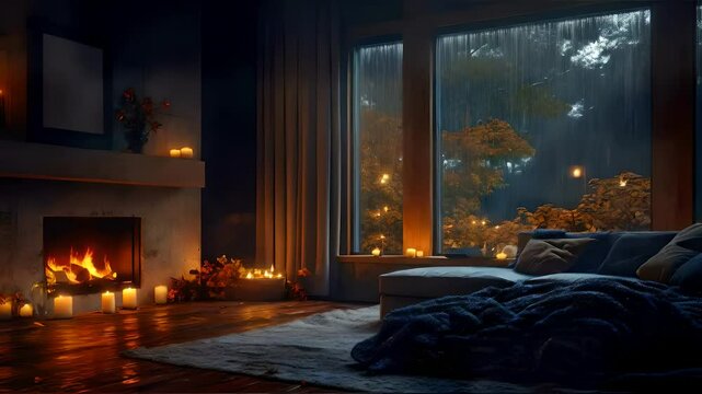 Cozy living room with fireplace warm blankets candles rain falling outside on an autumn night, cozy autumn night, warm living room, fireplace glow