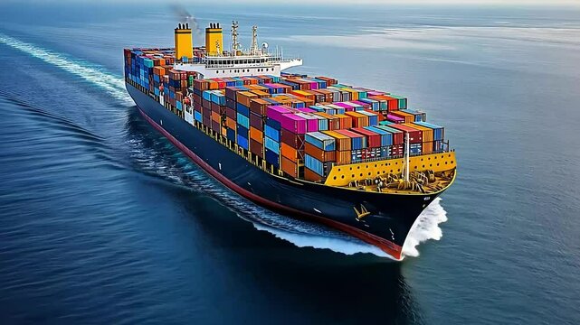 Cargo ship full of colorful containers sailing on the open ocean, leaving a wake behind it.