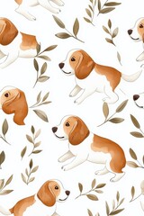 A watercolor seamless pattern of Beagles, isolate on white background, with soft colors and delicate brushstrokes.