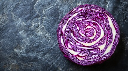 Fototapeta premium Sliced purple cabbage on a dark stone surface.
