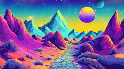 Fototapeta premium Colorful cosmic landscape with vibrant mountains and distant planets at twilight