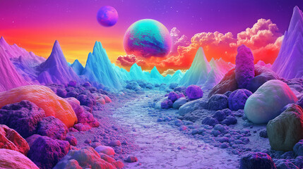 Surreal alien landscape with colorful mountains and planets during a vibrant sunrise