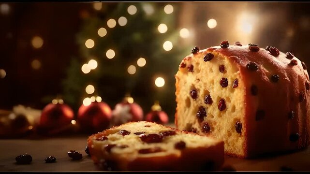 Close up of a sliced panettone with a Christmas tree in the background festive and delicious holiday bread, Christmas bread, Christmas tree, festive slice