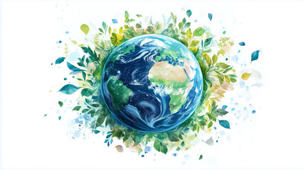 A vibrant illustration of Earth surrounded by lush greenery and colorful leaves, symbolizing environmental awareness and ecological balance