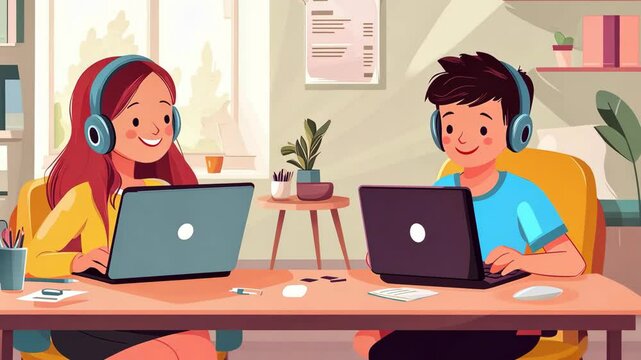 A girl and a boy are working on their laptops in a home office