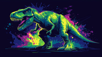 A vibrant and colorful depiction of a Tyrannosaurus rex standing in a dynamic and stylized artistic composition