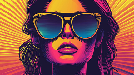 Vibrant art of a woman with stylish sunglasses against a radiant backdrop showcasing brilliant colors and dynamic patterns