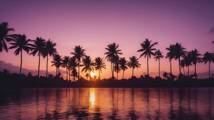 Obraz premium A peaceful tropical sky at dusk, with the sun setting behind a row of palm trees and the sky turning shades of purple and gold 