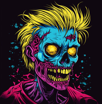 A colorful cartoon zombie character with bright hair and glowing eyes, captured in a vibrant, artistic style