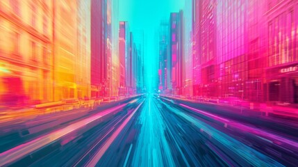 Obraz premium Vibrant cityscape with dynamic movement and colorful buildings.