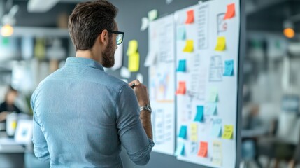 A small business marketing firm office with a creative team discussing ideas, whiteboards and mood boards filled with colorful notes