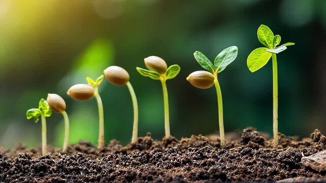 Close-up of a row of six seedlings in different stages of growth, from seed to sprout with leaves, growing in rich dark soil with a blurry green background.