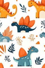 A flat style seamless pattern featuring Stegosaurus, isolate on white background, showcasing various playful poses.