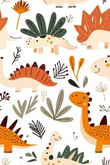 A flat style seamless pattern featuring Stegosaurus, isolate on white background, showcasing various playful poses.