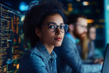 A diverse group of professionals working on IT transformation solutions, with laptops and screens displaying complex data.