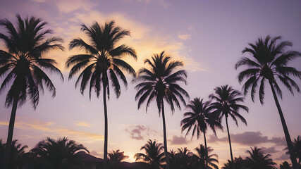 A peaceful tropical sky at dusk, with the sun setting behind a row of palm trees and the sky turning shades of purple and gold
