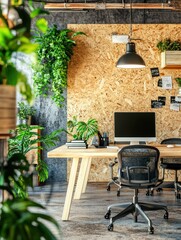 Fototapeta premium Modern office space with plants, a desk, and a computer, promoting productivity and comfort.