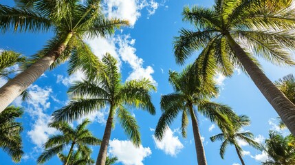 Looking up at palm trees against a blue sky with white clouds.
