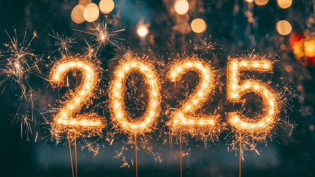 Celebrating the arrival of the New Year 2025 with festive sparkler lights and joyful ambiance