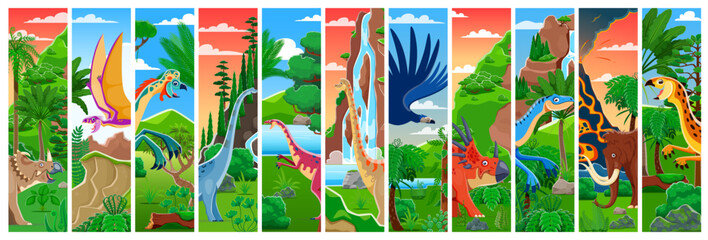 Prehistoric dinosaurs collage. Cartoon vector vertical panels with dino species amid tropical landscapes with lush flora, evokes adventure and fascination with ancient life, showcasing dinosaur era © Vector Tradition