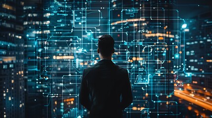 Silhouette of a man looking at a digital network projected onto a window, representing a modern approach to business.