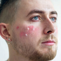 Obraz premium Rosacea & Skin Conditions : Men's Faces, Treatment. Close-up of Couperose, Vascular Stars, Capillaries, Freckles, Back Rashes. Dermatology Insights