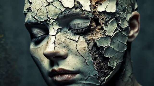 A close-up of a woman's face, cracked and aged, with her eyes closed