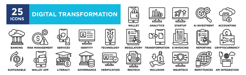 Digital Transformation icon collection set. Containing design technology, innovation, digital, business, information