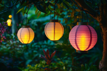 Fototapeta premium Three decorative lanterns glowing in a lush garden, creating a warm and inviting atmosphere.